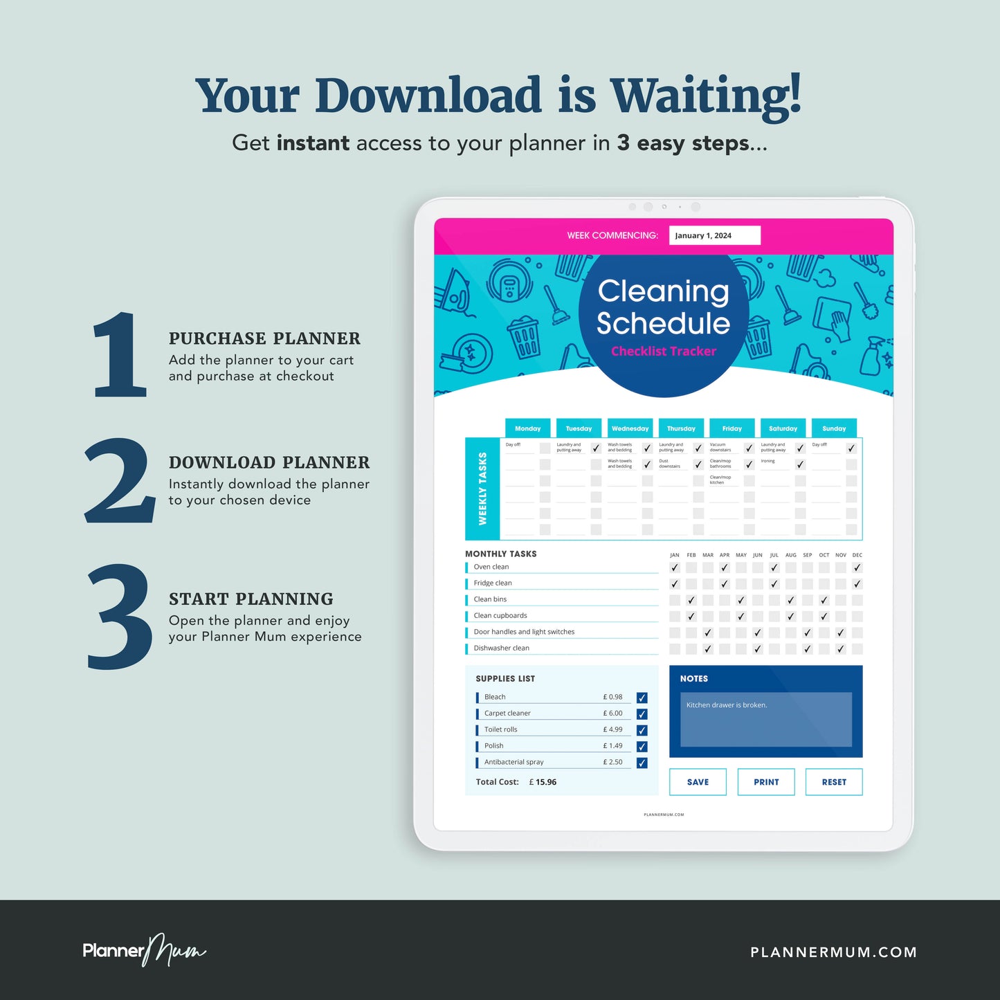 Cleaning Rota with Supplies List and Cost Calculator