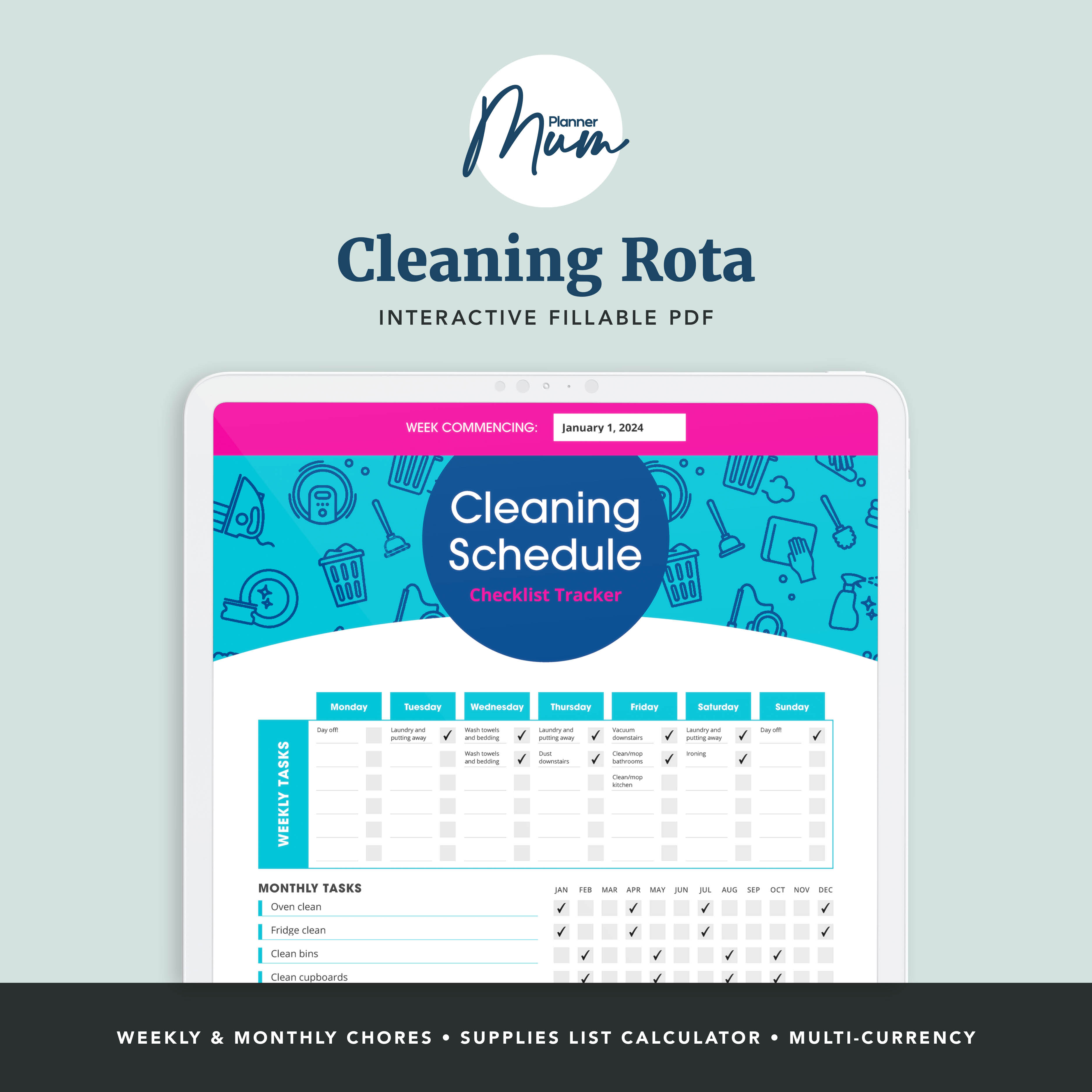 Cleaning Rota with Supplies List and Cost Calculator | Planner Mum