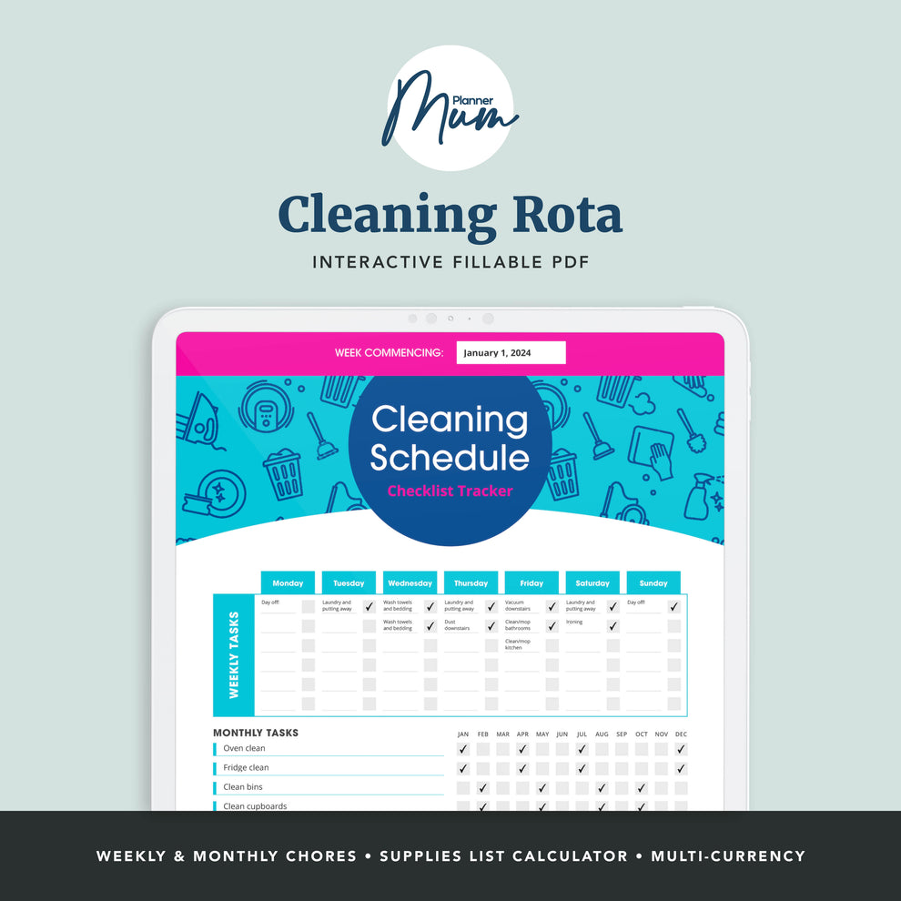 Cleaning Rota with Supplies List and Cost Calculator | Planner Mum