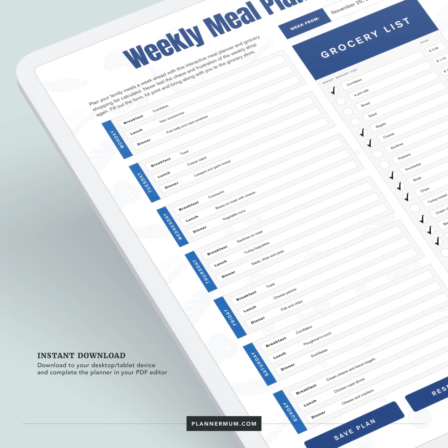 Interactive Weekly Meal Planner & Grocery List Calculator