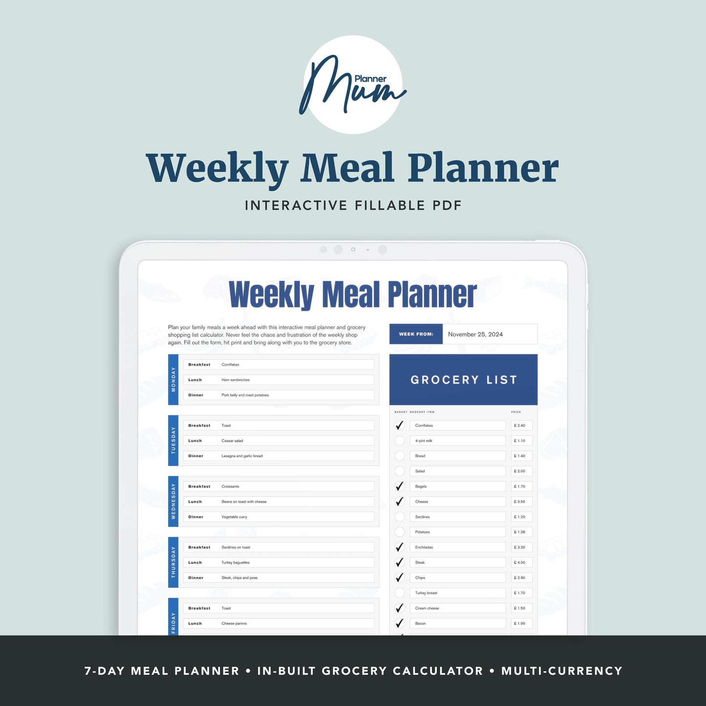 Interactive Weekly Meal Planner & Grocery List Calculator