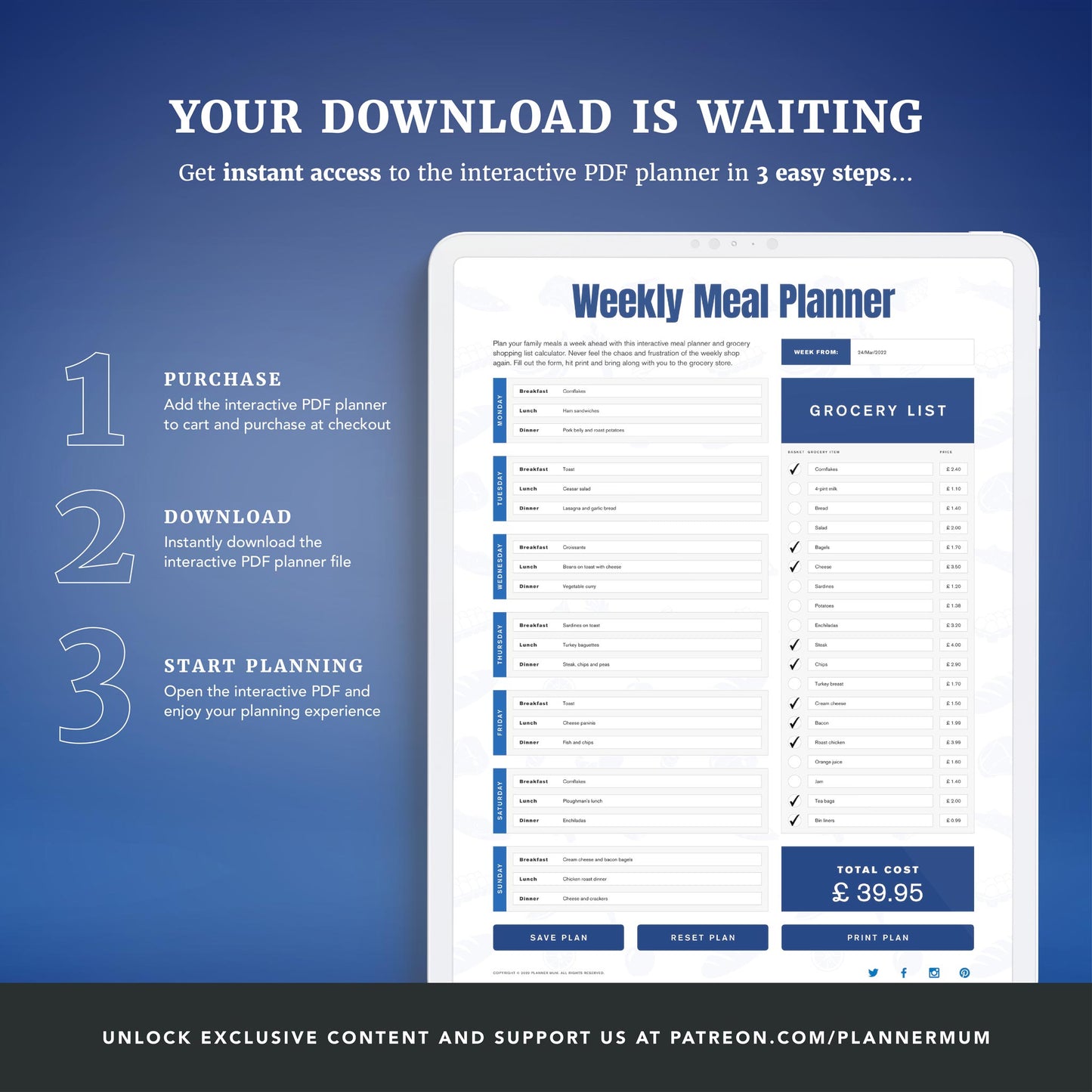 Interactive Weekly Meal Planner & Grocery List Calculator