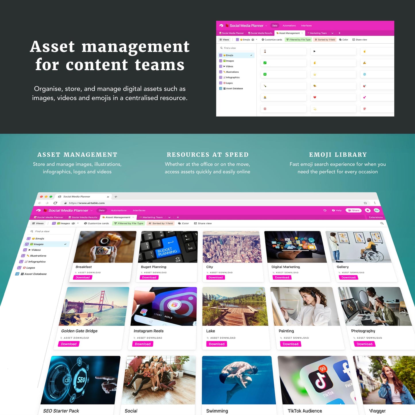 Airtable social media planner and asset manager and emoji library