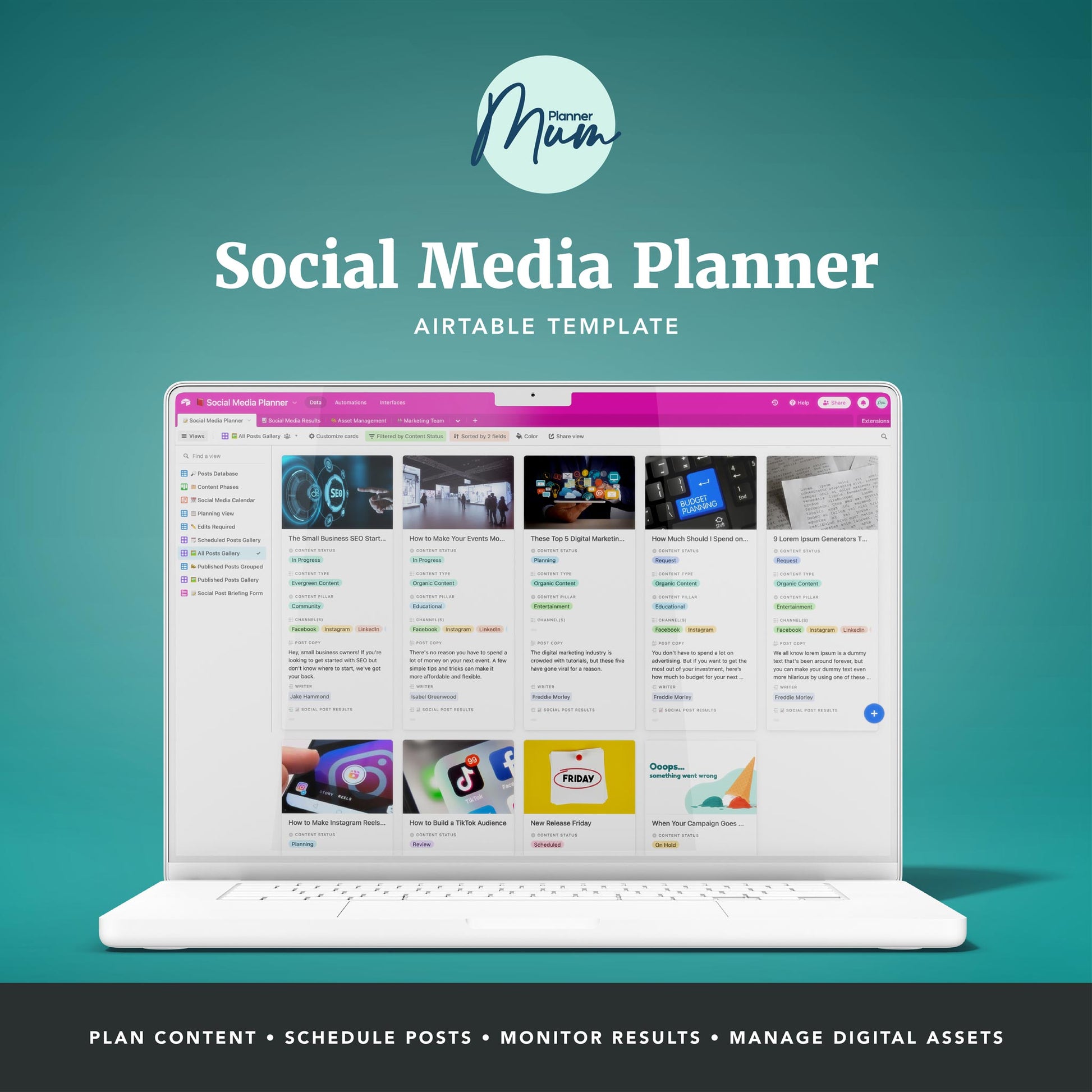 Airtable social media planner on a Macbook Pro