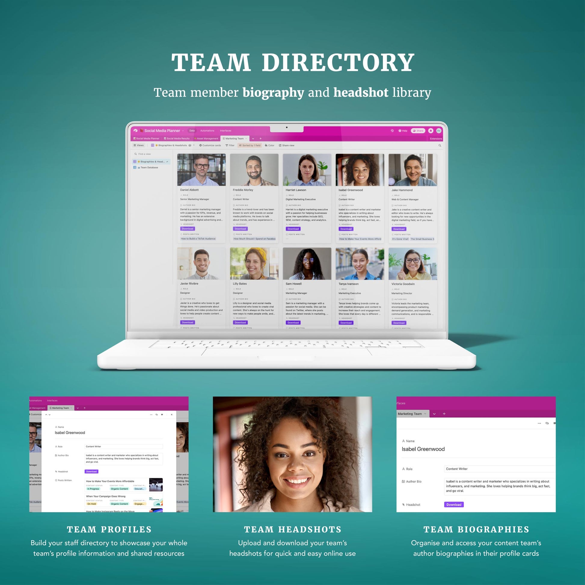 Airtable social media planner team profiles and headshots